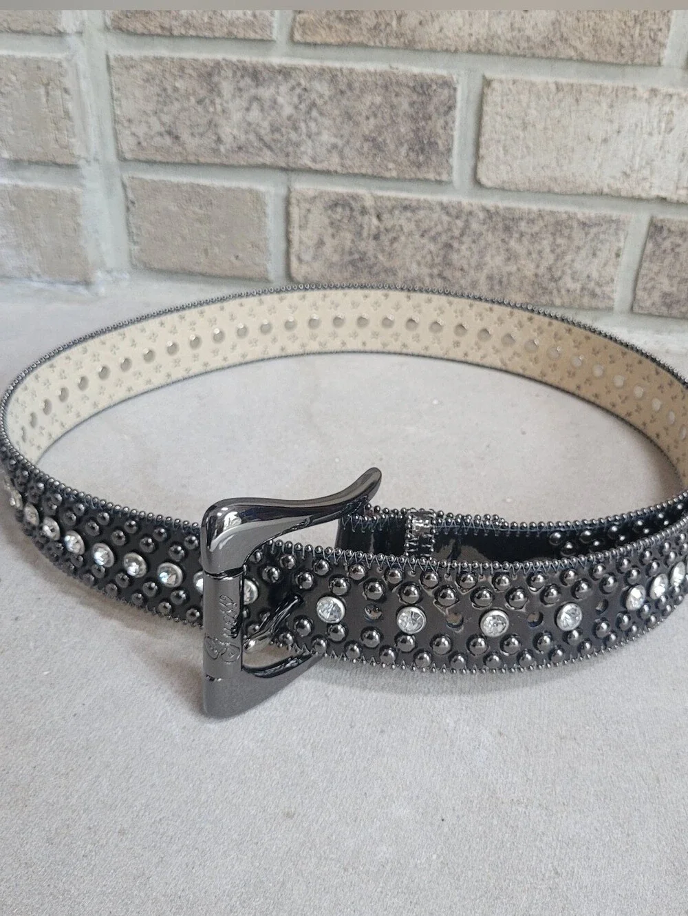 GUESS Y2K Black Leather Crystal Rhinestone Studded Belt Silver Buckle